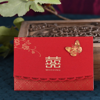 幽萨米 2016新款卡片贺卡个性 中式结婚请柬喜帖立体雕刻蝴蝶红妆