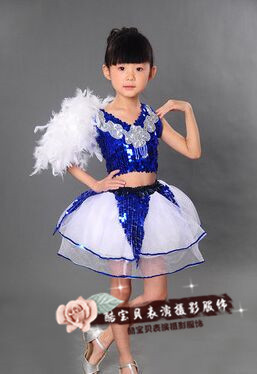 女童现代舞表演服装 时尚蓝亮片纱裙 六一少儿童爵士舞蹈服演出服