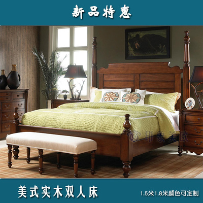 美式乡村实木双人床 欧式复古简约卧室床柱子床1.5米1.8m