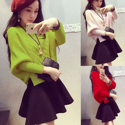 韩版2016秋装新款女装套装短裙蝙蝠袖针织毛衣两件套秋季时尚女潮