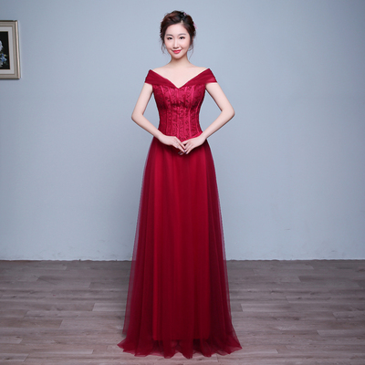 2016新款韩式长款婚纱礼服 修身红色一字肩晚宴晚礼服新娘敬酒服