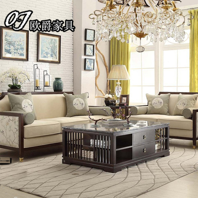 新品 新中式 后现代新式客厅实木布艺沙发组合创意印花样板房家具