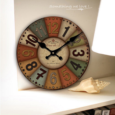 地中海欧式乡村田园复古客厅壁钟创意简约装饰静音木质特色挂钟表