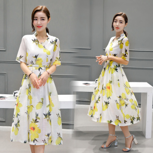2016夏装新款韩版女装欧根纱中长款柠檬印花修身时尚长裙女连衣裙