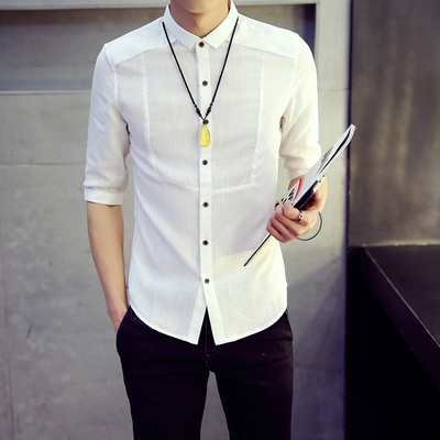 男士短袖衬衫夏季薄款纯棉麻衬衣服男白色五分袖衬衫韩版潮流帅气