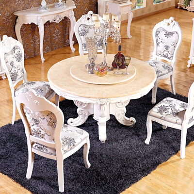 欧式圆餐桌 椅组合小户形 法式餐桌大理石实木 描银雕花象牙白