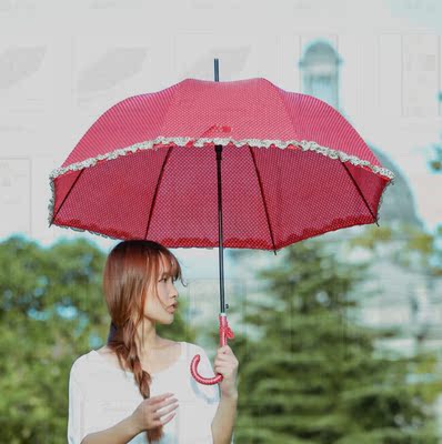 小清新长柄伞防风防紫外线 韩版晴雨伞波点蕾丝半自动雨伞