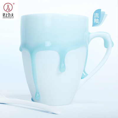 流釉马克杯送勺瓷杯简约创意陶瓷杯水杯情侣杯一对杯刻字定制logo