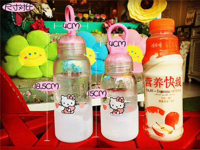 便携韩国创意防漏玻璃杯子儿童可爱kitty猫学生带盖提绳小巧水瓶