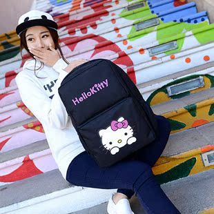 时尚韩版卡通可爱KT猫帆布双肩包女初高中学生大容量书包学院风潮