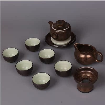 鎏金铁锈釉 仿古青铜釉复古茶具整套礼品陶瓷茶具手工艺术品特价