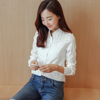 长袖衬衫女 秋季装韩版新款时尚百搭镂空纯白色学生衬衫