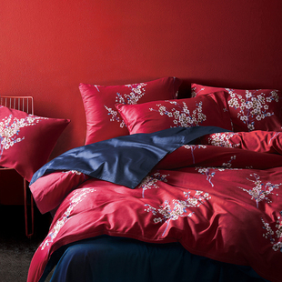 NX喜庆大红色浪漫婚庆床上用品婚房用高端四件套贡缎双人床品被套
