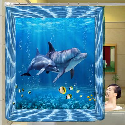 定制防水加厚防霉浴帘卫生间涤纶浴室浴帘免打孔套装创意帘3D海豚