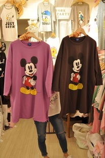 韩国代购实体店现货 漂亮紫色米奇米老鼠五角星中袖卫衣加长T恤