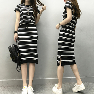 欧洲站2017新款夏季韩版女装条纹针织套装连衣裙短袖两件套中裙潮