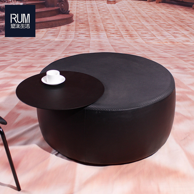 意式家具客厅创意个性圆形鼓凳转盘茶几简约现代矮桌茶台皮艺茶几
