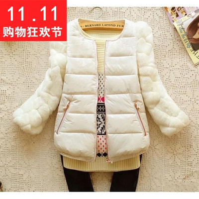 2016冬季外套女式小款短款修身保暖韩版潮仿兔毛拼接羽绒棉棉衣