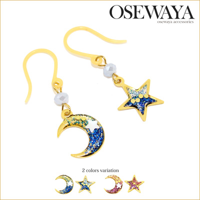 日本osewaya耳环耳饰宇宙星星月亮不对称耳勾耳环有耳洞 树脂防敏