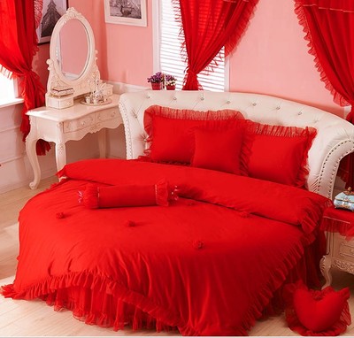 圆形床4件套2米圆床裙床罩四件套件纯大红色全棉定制做结婚庆床品