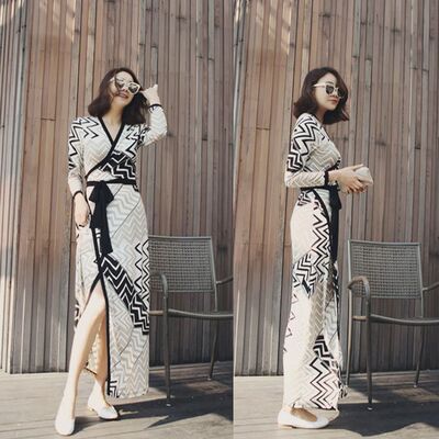 韩版女装海边度假沙滩裙v领长袖显瘦系带长裙波西米亚连衣裙夏季