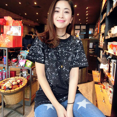 2017新款满天星中长款星空星座T恤女韩版宽松黑色短袖上衣