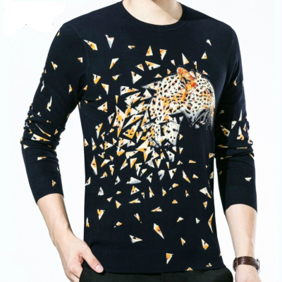 中国风春秋男士薄款羊毛衫 个性猎豹动物图案印花圆点花式毛衣潮