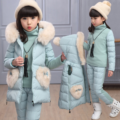 女孩冬装套装加厚2017冬季新款女童装中大童三件套保暖棉衣3件套