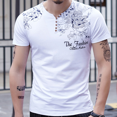 2016年夏季新款植物花卉V领黑色风韩板潮流印花男士修身短袖T恤