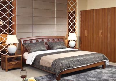 香港皇朝家私浅胡桃系列板木家具正品M5A009双人实木真皮软靠大床
