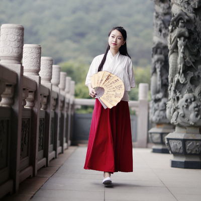 汉服女中式传统棉麻套装短袖长裙中国风怀旧复古写真服装春夏秋装