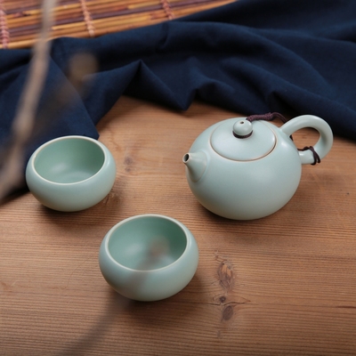 功夫旅行便携汝窑茶具套装一茶壶两茶杯整套冰裂釉汝瓷青瓷陶瓷