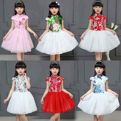 六一新款儿童旗袍蓬蓬连衣裙 古装女童礼服 小女孩演出表演服
