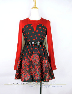 秋冬新款正品台湾品牌女装红色连衣裙修身绣花洋装 贝尔堤娜8058P