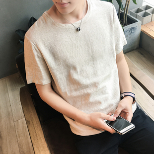 2016年夏季新款男士韩版纯色棉麻水洗圆领短袖T恤男休闲时尚t恤男