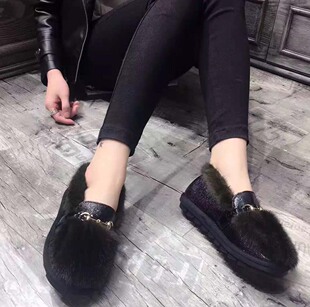韩国代购2016冬水貂毛豆豆鞋圆头平跟休闲鞋松糕厚底保暖毛毛瓢鞋