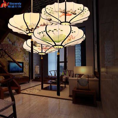 新中式布艺术绘画灯笼吊灯现代餐馆客厅楼梯过道书房新古典灯具