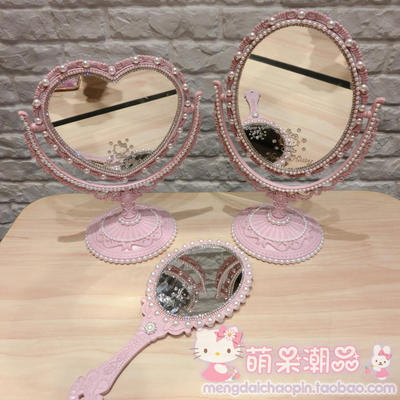kitty台镜欧式复古宫廷化妆镜高贵典雅珍珠旋转镜子台式双面镜