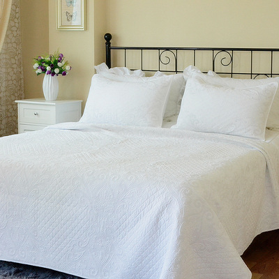 典雅欧式秋冬绗缝被床盖纯棉白色绣花设计三件套床品