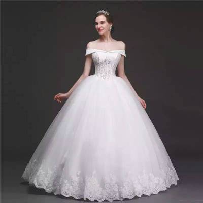 韩式新娘蕾丝一字肩修身齐地公主婚纱礼服2016春季新款