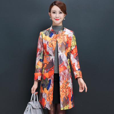 2016秋韩版印花立领中长款OL风衣外套长袖上衣修身中年女装妈妈装
