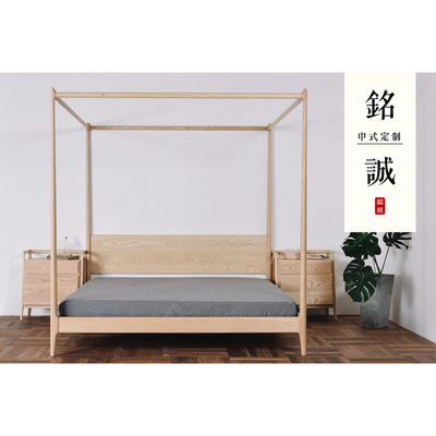 新中式卧室家具新中式实木双人床 简约创意样板房实木床高架婚床