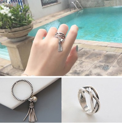 [晓迎]韩国设计师925纯银珠流苏绞绳女开口戒指复古做旧时尚饰品