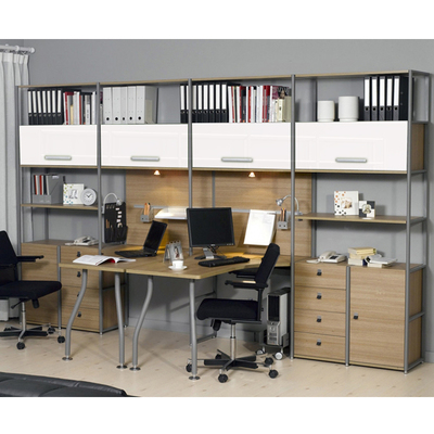 连体书桌柜  两人位转角办公电脑书桌书架组合 钢木家具 简约风格