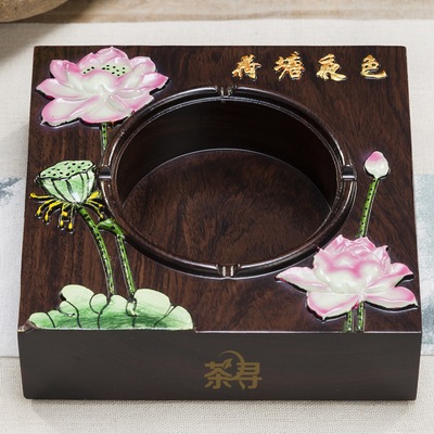 茶寻办公室黑檀木烟缸中式实木彩绘雕刻烟缸仿古方形烟灰缸包邮