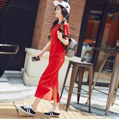 2016韩国夏季东大门代购短袖纯棉红色中长款简约修身显瘦连衣裙子