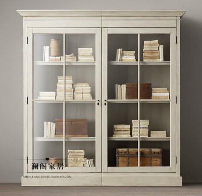 法式乡村实木家具 美式欧式乡村仿古两门多层书柜 橡木书橱展示柜