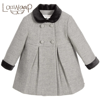 laawaap2016新品羊毛呢高腰娃娃款大衣中大童英伦风双排扣大衣