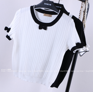 韩国短袖套头薄针织衫白色女夏短款修身蝴蝶结针织T恤上衣打底衫