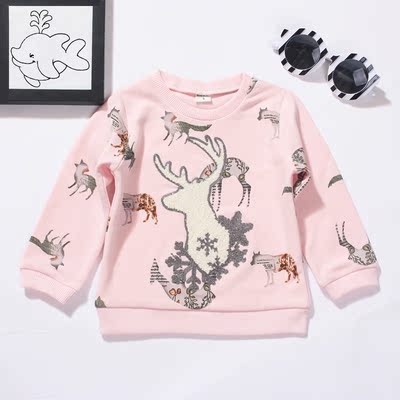 2016秋女童T恤卫衣麋鹿雪花圆领长袖粉色T恤卫衣